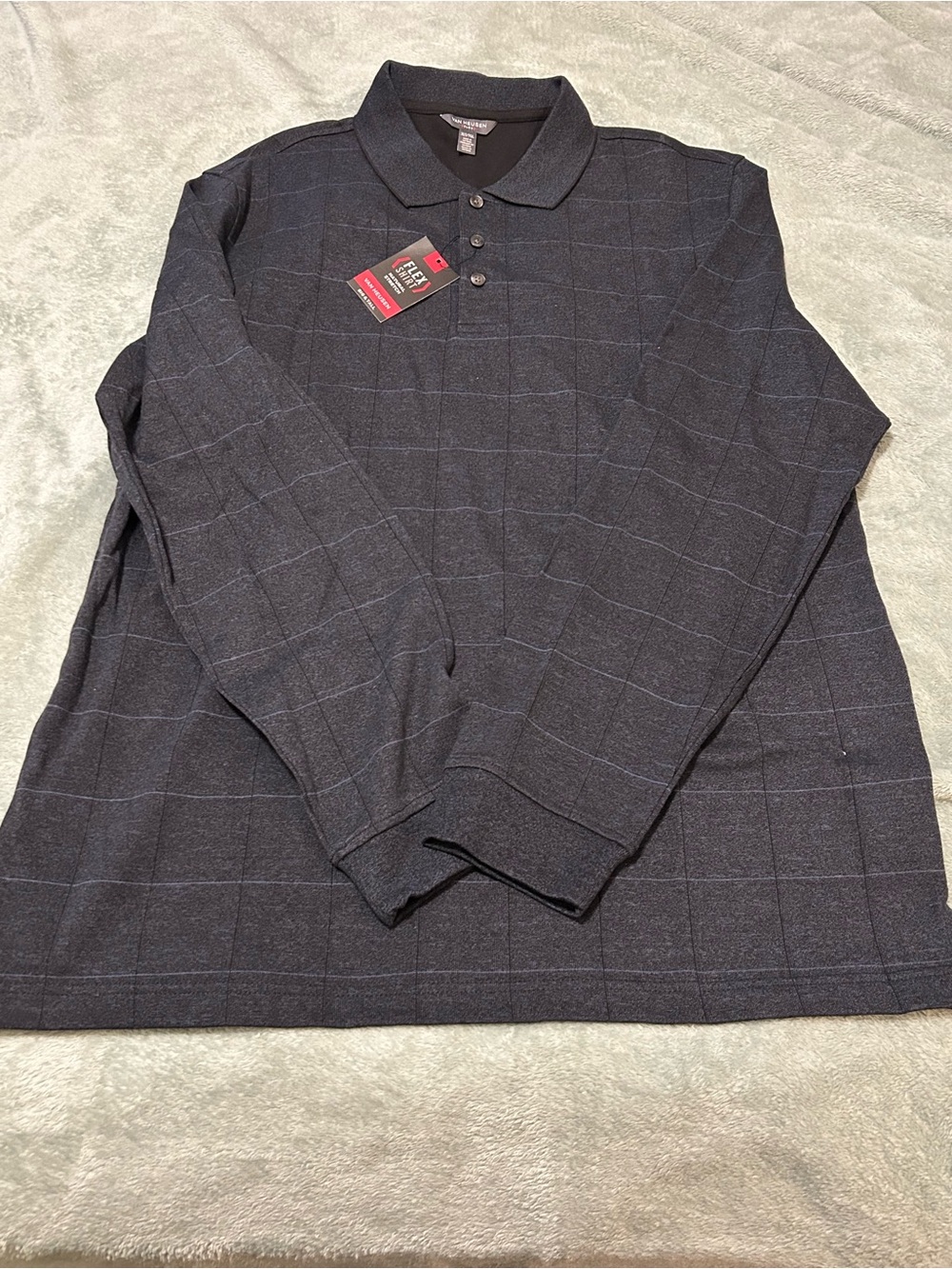 Van Heusen Dark Navy and Grey Windowpane Long-Sleeve Polo Size XLT